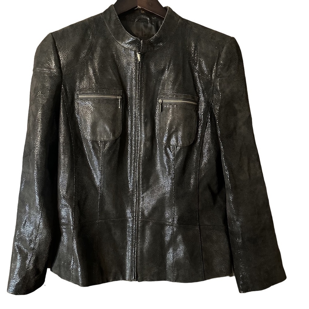Alfani Black Snake Pattern Leather Moto Style Jacket Front Zip Pockets Casual M
